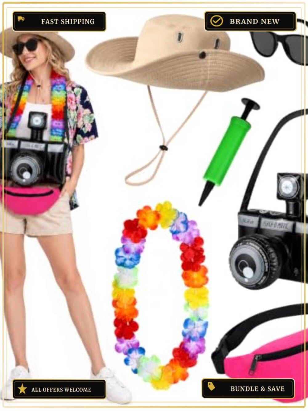 6Pc Tacky Tourist Costume Set Hat Garland Sunglasses Waist Bag Camera